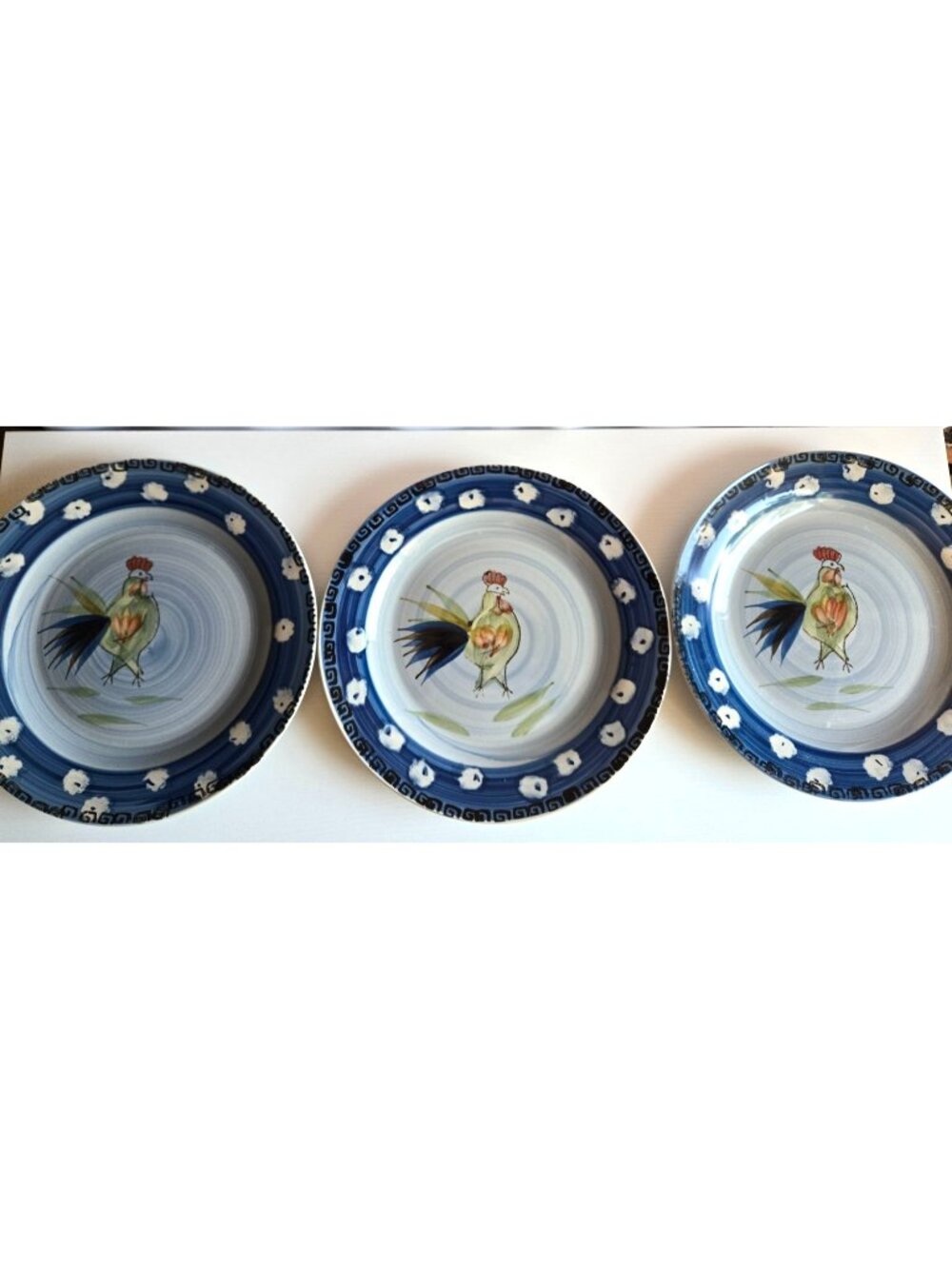 3 Royal Norfolk China Rooster Dinner Plates Blue and White Rim